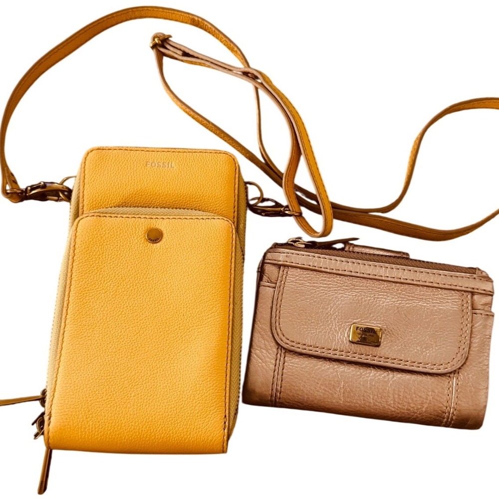 Fossil Mustard Yellow Leather Crossbody Phone Bag and Bronze Wallet‎ Set SWL2674